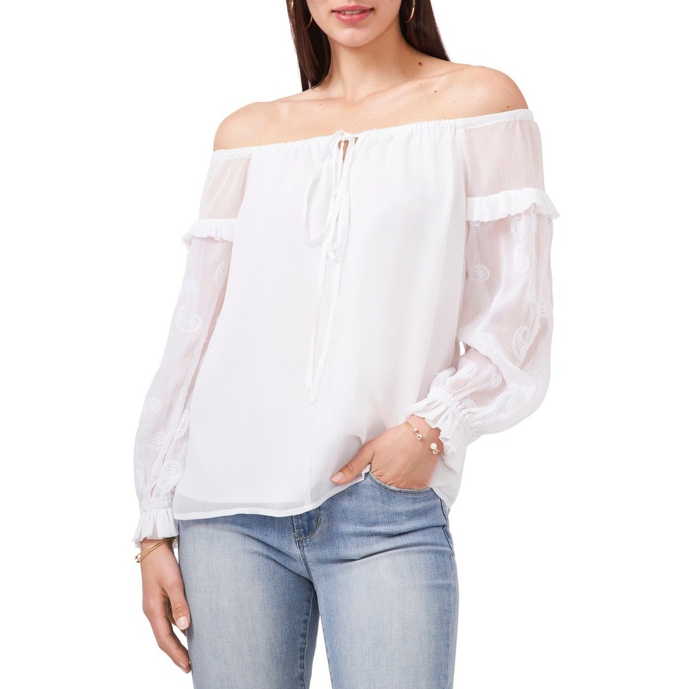 137. VINCE CAMUTO Womens‎ White Embroidered Sheer Ruffled Blouson Sleeve Size L